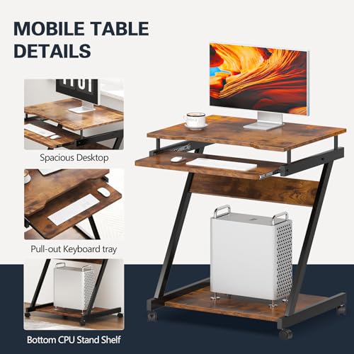 sogesfurniture Retro Computer Desk, Small Mobile Workstation with Keyboard Tray, Printer Shelf & Storage, 23.6x18.9x28.7 inches, Engineered Wood, for Home and Office - color: Retro