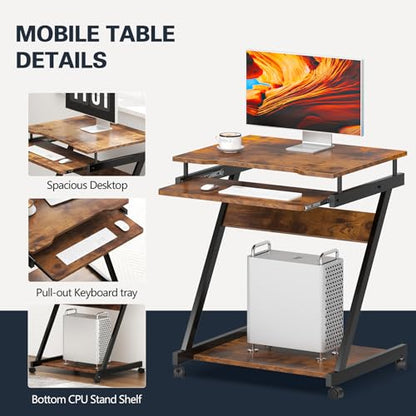 sogesfurniture Retro Computer Desk, Small Mobile Workstation with Keyboard Tray, Printer Shelf & Storage, 23.6x18.9x28.7 inches, Engineered Wood, for Home and Office - color: Retro