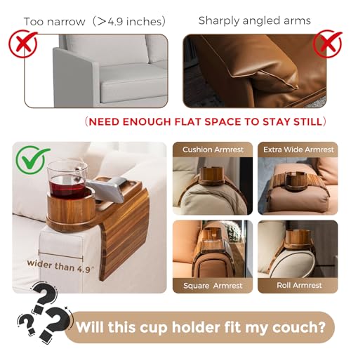 Couch Cup Holder for Armrests Over 4.9" Wide, Acacia Wood Couch Arm Tray with 360° Rotating Cup Holder, 3 in 1 Foldable Sofa Arm Tray Table for Remote, Snacks, Phone, Drinks - color: Acacia Wood