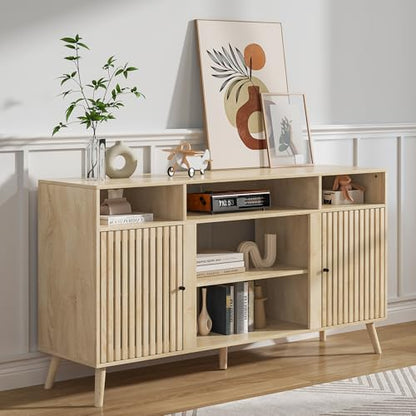 Oubayajia Mid Century Modern TV Stand, Fluted TV Stand for 65 Inch TV, Entertainment Center with Adjustable Shelf, Media Console, Wood Feet, Cord Holes, for Living Room (Wood, 58.26'')