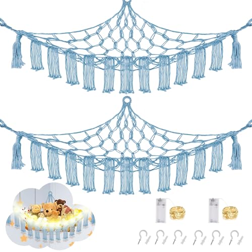 CERETIA Stuffed Animal Hammock with LED Light, Large Stuffed Animals Storage Corner Plushie Net for Kids Room Decor, 2 Packs Baby Blue - color: Baby Blue, size: Large-(Package of 2)
