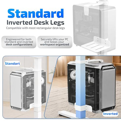 DEHAGLOBAL Clamp Mount Under Desk Pc Mount, Adjustable Height and Width No Drilling 50 lb Capacity with Non-Slip Pads & Cable Organizer for Standing Desk (White, 75mmx45mm)