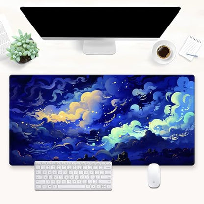 Anime Starry Night Desk Mat XXL - Celestial Clouds Large Gaming Mouse Pad | Fantasy sky aesthetic keyboard mousepad for gaming setup, waterproof smooth cloth surface with non-slip rubber base. - color: Blue Clouds