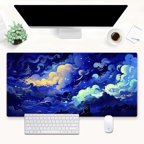 Anime Starry Night Desk Mat XXL - Celestial Clouds Large Gaming Mouse Pad | Fantasy sky aesthetic keyboard mousepad for gaming setup, waterproof smooth cloth surface with non-slip rubber base. - color: Blue Clouds