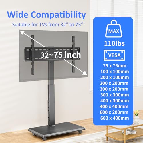 Afaloona Rolling TV Stand with Power Outlet, Mobile TV Stand for 32-75 Inch TVs up to 110 lbs, 30° Swivel TV Floor Stand, 18 Adjustable Heights, TV Cart on Wheels for Bedroom, Office, Outdoor, Black - style: GM-A01