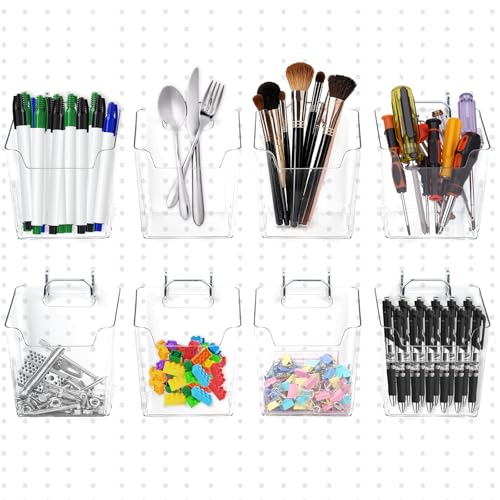 8 Pack Large Pegboard Bins with Hooks, Square Box Shape Peg Board Cups and Peg Board Accessories for Craft Room, Playroom, Office, Garage, and Wall Mount Organization (Transparent) - color: Transparent