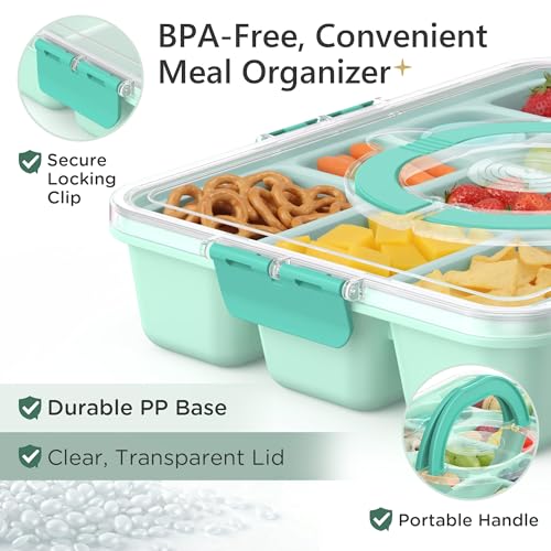 Snackle Box Container for Adults with 10 Compartment, Divided Serving Tray with Lid and Handle and 2 Sauce Containers, Portable Snack Box Container for Charcuterie Party Travel, Green - color: Green