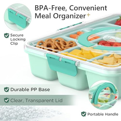 Snackle Box Container for Adults with 10 Compartment, Divided Serving Tray with Lid and Handle and 2 Sauce Containers, Portable Snack Box Container for Charcuterie Party Travel, Green - color: Green