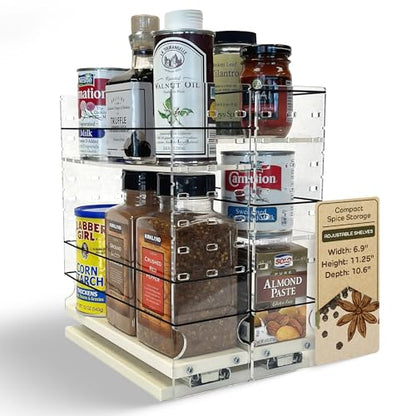 Vertical Spice Adjustable Spice Rack Drawer - Pull Out Cabinet Organizer - Kitchen and Pantry Organizers and Storage - Spice Caddy - 2 Drawers, 3 Upper Tier (6.9" W x 11.25" H x 10.6" D, Cream) - color: 2-3.25" Drawers, Adjustable Shelves