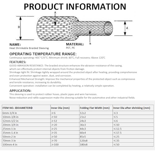 20 FT 1/2 inch 2:1 Heat Shrinkable Braided Sleeving Heat Shrink Sleeve Abrasion Protection Flexibility Wiring Harness Cable Sheath Tubing - size: 12mm-1/2"