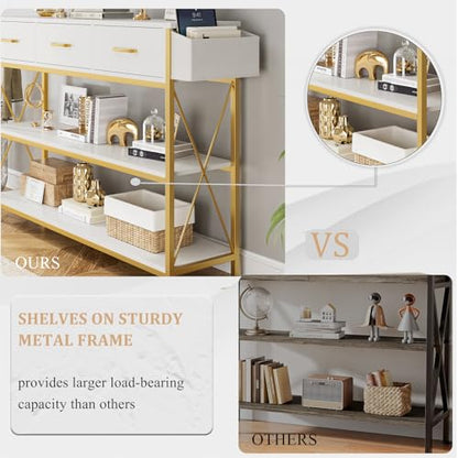 HITHOS 47.2" Console Table with 3 Drawers, Narrow Long Entryway Table with 3-Tier Storage Shelves, Industrial Sofa Foyer Table for Living Room, Hallway, Entry Way, Foyer, Kitchen, White/Gold - size: 47.2"