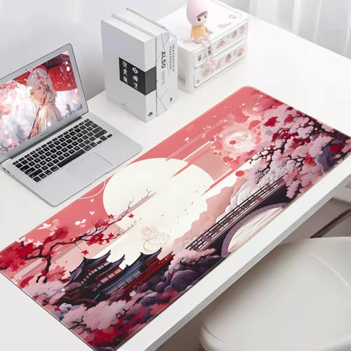 FreeNook Japanese Large Gaming Mouse Pad 35.4 x 15.7 in Computer Mouse Pad Anime Gaming Mousepad, Expanded Architecture Cute Desk Pad with Nop-Slip Suitable for Home Office - color: Cherry Tree, size: 35.4L x 15.7W inches