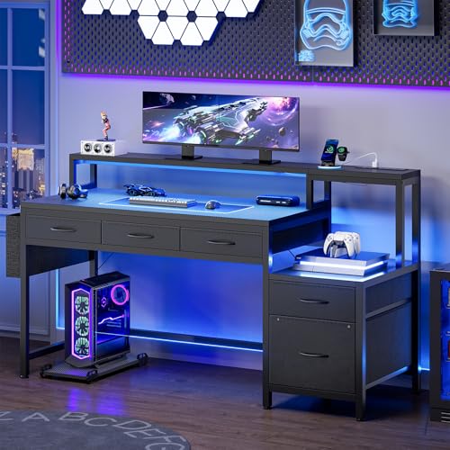 REAHOME 61 Inch Gaming Desk with Charging Station and LED Lights, Reversible Computer Desk with Storage Drawer and Monitor Stand, Modern Desk Table with File Cabinet & Side Pocket, Carbon Fiber Black - color: Carbon Fiber Black