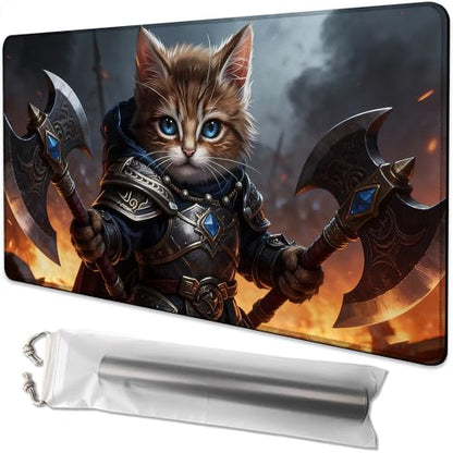 Playmat for MTG Samurai Cat Magic Play Mat 24x14 Inch Card Game Mat for Magic The Gathering TCG PTCG Playmat with Free Storage Bags Non-Slip Backing and Stitched Edge - color: Samurai Cat No With Zones