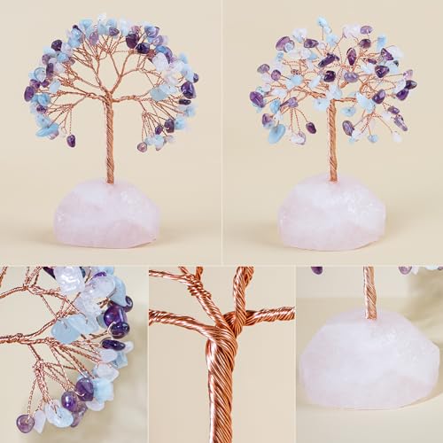 ZenBless 7 Chakra Healing Crystals Stones Tree of Life, Feng Shui Money Tree,Little Fake Bonsai Zen Spiritual Home Living Room Cubicle Office Desk Decor and Accessories for Women - color: Rose Quartz & Amethyst & Aquamarine_stone Pedestal