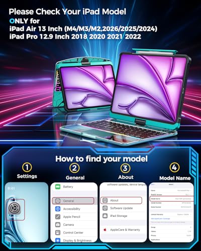 TSQQST Clear Wireless Keyboard Case for iPad Air 13 Inch (M4/M3/M2, 2026/2025/2024)/ iPad Pro 12.9" (6th/5th/4th/3rd Gen), 7-Color Backlit, Pencil Holder & Multi-Touch Trackpad, 360 Rotatable, Blue - color: Clear+Blue, size: Air13/Pro12.9