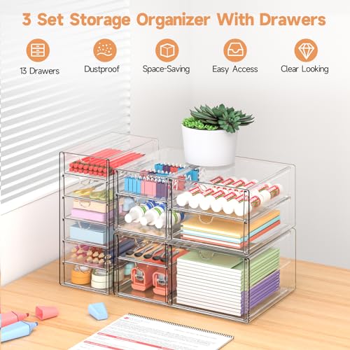 Makeup Drawer Storage Organizer with 13 Drawers, 3 Set Acrylic Office Desk Organization and Storage, Dustproof Drawer Organizer for Makeup, Office, Countertop, Jewelry, Pen, Desktop, Bathroom, Bedroom - size: 13 Drawers