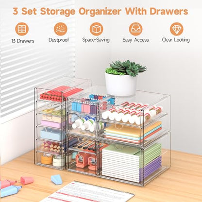 Makeup Drawer Storage Organizer with 13 Drawers, 3 Set Acrylic Office Desk Organization and Storage, Dustproof Drawer Organizer for Makeup, Office, Countertop, Jewelry, Pen, Desktop, Bathroom, Bedroom - size: 13 Drawers