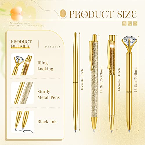 Sabary 8 Pcs Gold Pens with Pen Holder for Desk Glitter Crystal Diamond Cute Ballpoint Fancy Pencil Holder Bling Desk Organizer for Women Girls School Office Supplies Wedding Graduation Gifts - color: Gold