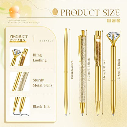 Sabary 8 Pcs Gold Pens with Pen Holder for Desk Glitter Crystal Diamond Cute Ballpoint Fancy Pencil Holder Bling Desk Organizer for Women Girls School Office Supplies Wedding Graduation Gifts - color: Gold