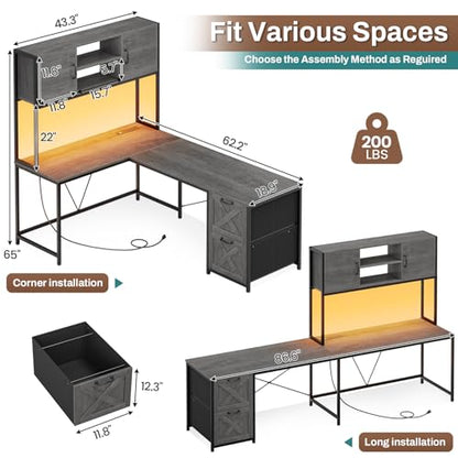 SEDETA L Shaped Gaming Desk, Reversible Computer Desk with Fabric Drawers and Power Outlet, Gaming Desk with Led Lights, Hutch and Storage Shelf for Home Office, Grey - color: Grey