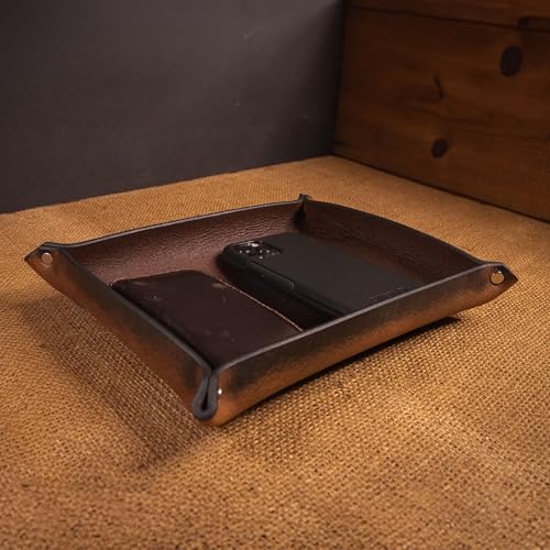 Valet Tray – Full-Grain Leather Catchall Organizer for Keys, Phone & Wallet – Rustic Nightstand & Desk Tray with Raised Sides – Handmade in USA (Vintage Brown, Medium Rectangle) - color: Vintage Brown, size: Medium Rectangle