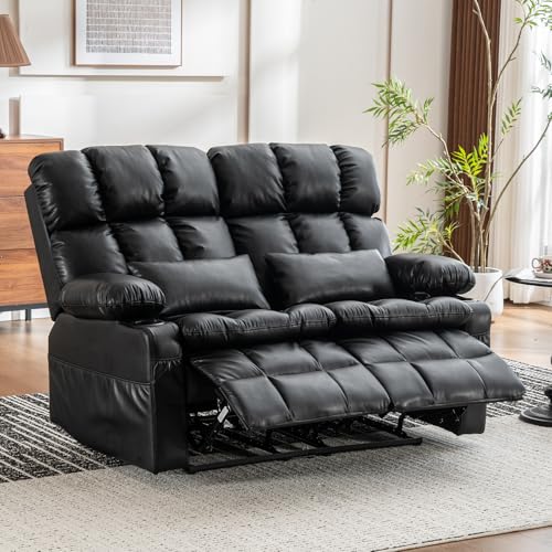 Loveseat Recliner Sofa with Massage & Heat, Wall Hugger Reclining Love seat with Adjustable Headrest, RV Double Recliner Couch with Cup Holders, Side Pockets, Home Theater Seating, Black - color: Black, size: Loveseat