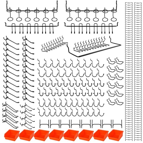 296 PCS Extra Thick 0.2'' Pegboard Hooks for 1/4" Peg Board Hanging Tools, Heavy Duty Metal Black Pegboard Accessories with Pegboard Bins and Peg Locks for Garage Organization - size: 296PCS