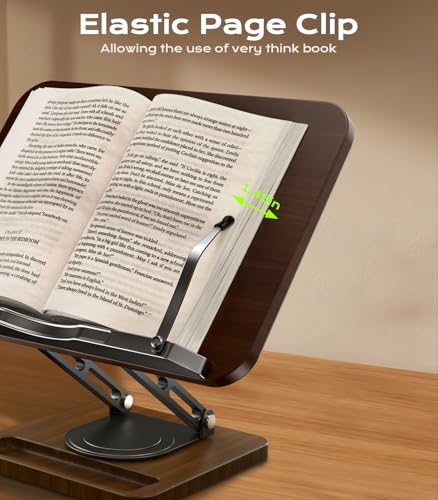 Book Stand for Reading, Adjustable Book Holder, 360° Rotating Bases with Pen Slot, Ergonomic Cookbook Stand Recipe Book Holder with Elastic Page Clips for Magazines, Tablets, Laptops - color: Brown