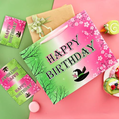 Hooqict Large Pink and Green Gift Bag Witch Birthday Gift Wrap Bag with Handles, Tissue Paper, Greeting Cards for Girls Friendship Princess Witch Party Favors Movie Theme Birthday Party Supplies - color: Pink and Green