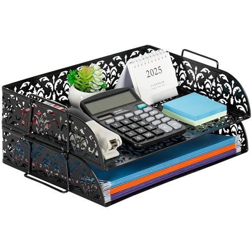 EasyPAG Paper Organizer for Desk 2 Tier Stackable Paper Tray for A4 Legal Size Folders Metal File Storage Desktop Organizer for Home Office School Teacher, Black - color: Black
