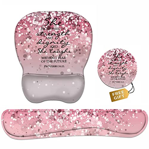 Ergonomic Mouse Pad Wrist Support and Keyboard Wrist Rest Set with Coasters, Non-Slip PU Base, Easy Typing & Pain Relief, Perfect for Home Office Working Studying, Bible Verses Proverbs 31:25 - color: Bible Verses Proverbs 31:25