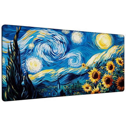 Starry Night and Sunflowers Gaming Mouse Pad with Stitched Edges Non-Slip Rubber Base Mouse Pad for Office,Computer,Keyboard,Laptop and Home Desk,35.4 x 15.7 Inch - color: Starry Night and Sunflowers, size: 15.7*35.4inch