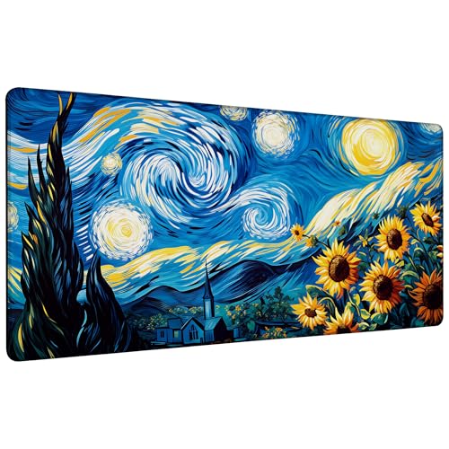 Starry Night and Sunflowers Gaming Mouse Pad with Stitched Edges Non-Slip Rubber Base Mouse Pad for Office,Computer,Keyboard,Laptop and Home Desk,35.4 x 15.7 Inch - color: Starry Night and Sunflowers, size: 15.7*35.4inch