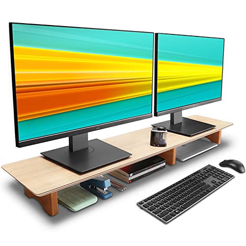 Aothia Large Dual Monitor Stand Riser, Solid Wood Desk Shelf with Eco Cork Legs for Laptop Computer/TV/PC/Printers, Perfect Desktop Stands Organizer with Underneath Storage for Office Accessories - color: Oak