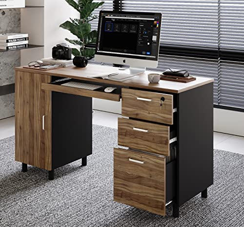 Modern Design Venice Computer Desk with Lockable Drawers, 53 Inch Home Office Desk with Storage Cabinet, Keyboard Tray & Cable Management, Modern Study Writing Desk for Small Spaces, Walnut and Black - color: Walnut Black