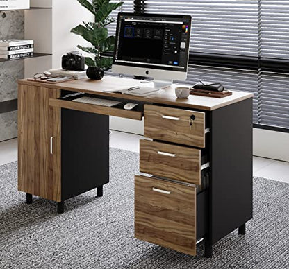 Modern Design Venice Computer Desk with Lockable Drawers, 53 Inch Home Office Desk with Storage Cabinet, Keyboard Tray & Cable Management, Modern Study Writing Desk for Small Spaces, Walnut and Black - color: Walnut Black