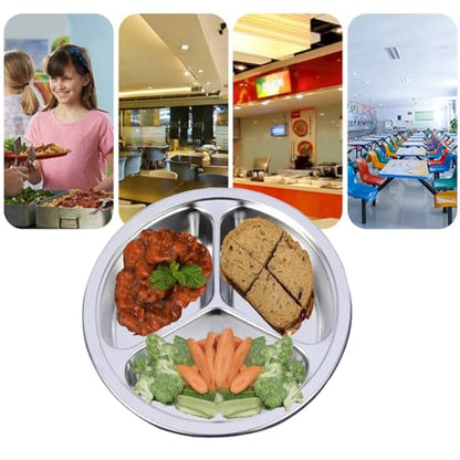 Stainless Steel Dinner Plates 2 Packs 8 Inch Portion Control Divided Plates for Adults Bariatric Weight Loss Diabetic Diet Reusable Camping Serving Round Dinner Plate 3 Compartment - size: 7.87 Inch (3 Sections)