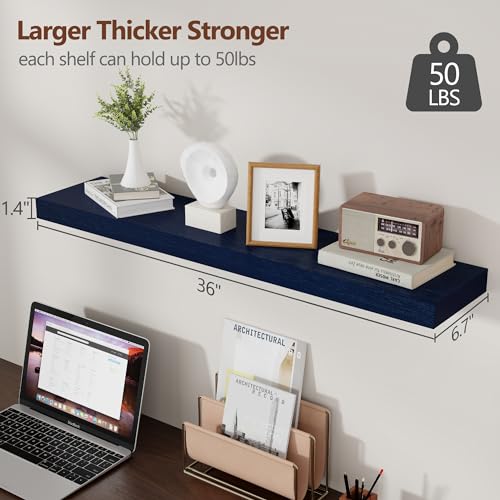 fuqing Dark Blue Floating Shelves 36 Inch, Solid Wooden Wall Shelves Set of 2, Rustic Floating Wall Shelves for Decor & Storage for Living Room Bedroom Bathroom - color: Dark Blue, size: 36 Inch