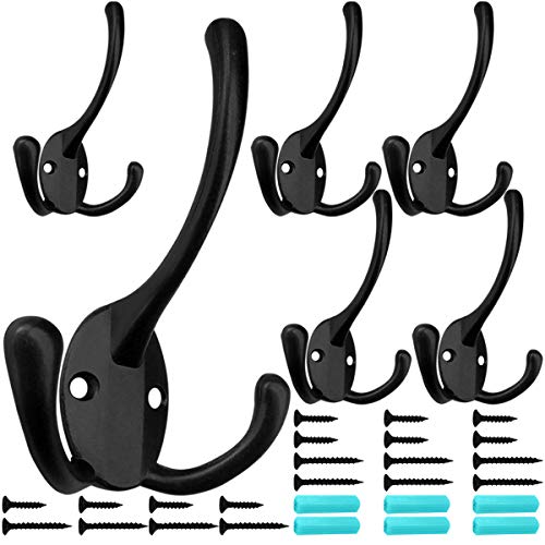 IBosins 6 Pack Big Heavy Duty Three Prongs Coat Hooks Wall Mounted with 24 Screws (Two Types of Screws Included) Retro Double Utility Rustic Hooks for Thick Coat, Big Heavy Bags (6 Pack) - color: Black
