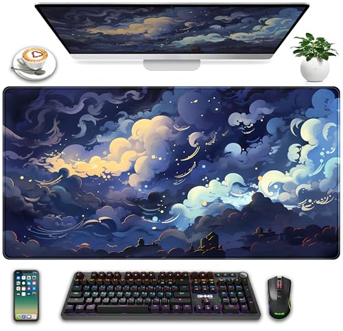 Blue Clouds Desk Mat Large XXL Gaming Mouse Pad Non-Slip Rubber Base Mousepad, Cool Office Desktop Decor Desk Pad, Computer Laptop Keyboard and Mouse Mat with Stitched Edges, 31.5x15.75 in - color: Blue Clouds