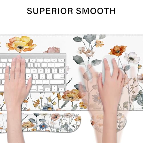 Desk Pad and Keyboard Wrist Rest, Large Mouse Pad + Keyboard Pad+Mouse Wrist Support, Non-Slip Desk Mat Protector for Office, Home 31.5×11.8 Inches Cute Floral - color: Cute Floral