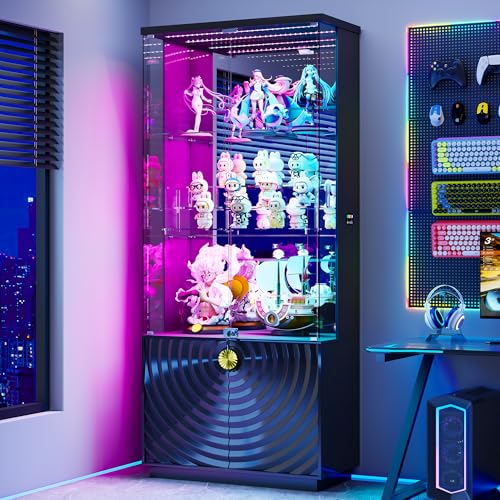 Lvifur 71'' Display Cabinet with Glass Doors,4-Tier Curio Cabinet with 3-Color Lights for Collectibles,Lockable Glass Display Case with Human Body Sensor,Tall Bookcase w/Shelves&Drawers,Black - color: Black-71" Rgb