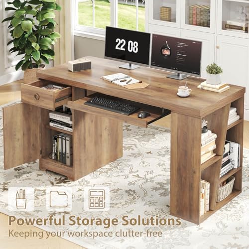 HSH 55" Executive Computer Desk,Farmhouse Home Office Desk with Storage Drawers and Keyboard Tray, Rustic Wood Work Study Writing Pc Table Studio Desks Wooden Workstation with Shelves and Cabinet - color: Rustic Oak