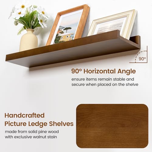 FLYJOE Picture Ledge Wall Shelves - Set of 3, 56 inches Width, Solid Pine Wood Rustic Floating Ledge Shelves for Kids' Room, Bedroom, Kitchen, Bathroom, Walnut - color: Walnut, size: 56'', set of 3