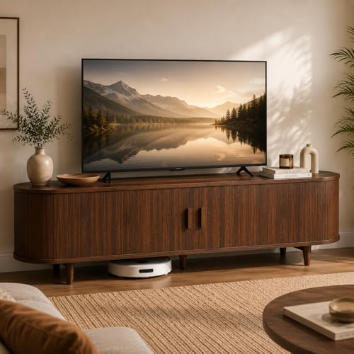 MXV 70" Mid-Century Modern TV Consoles with Sliding Doors, TV Stand with Power Outlet, Fluted Entertainment Center with Adjustable Shelves, for Living Room - color: Walnut, size: 70in