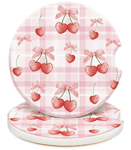 Swooflia Car Coasters for Women - Cute Pink Cherry Ceramic Car Cupholder Coaster Absorbent Mat Coaster with Cork Base 2 Pack 2.55 inch Automotive Cup Holder Accessories New Driver Gifts for Decor - color: Pink Cherry