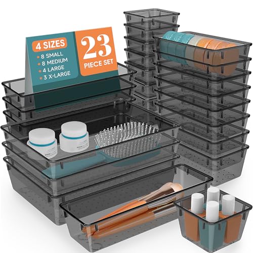 StorMiracle 23 PCS Clear Plastic Drawer Organizers Set, 4 Size Desk Drawer Organizer Trays for Makeup, Jewelry, Kitchen Utensils, Gadgets and Office Accessories, Black - color: Black, size: 23 PCS