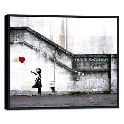 Wieco Art Framed Canvas Wall Art Giclee Canvas Prints of Banksy Grafitti Girl with Red Balloon Abstract Artwork for Wall Decor Home Decorations Black Frame - size: 24"L x 20"W