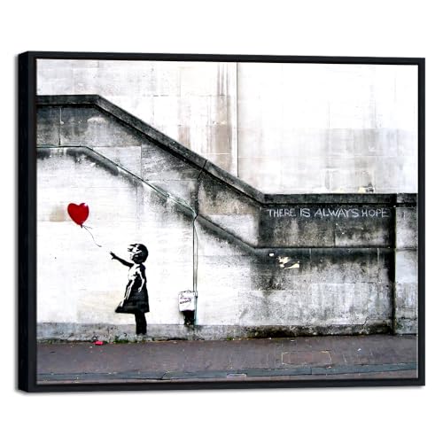 Wieco Art Framed Canvas Wall Art Giclee Canvas Prints of Banksy Grafitti Girl with Red Balloon Abstract Artwork for Wall Decor Home Decorations Black Frame - size: 24"L x 20"W